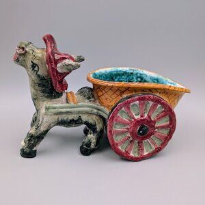 Vintage Hand Painted Italian Ceramic Donkey & Cart Planter - Midcentury Pottery